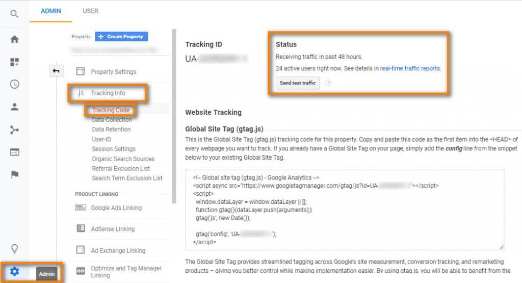 The Tracking Code page in Google Analytics