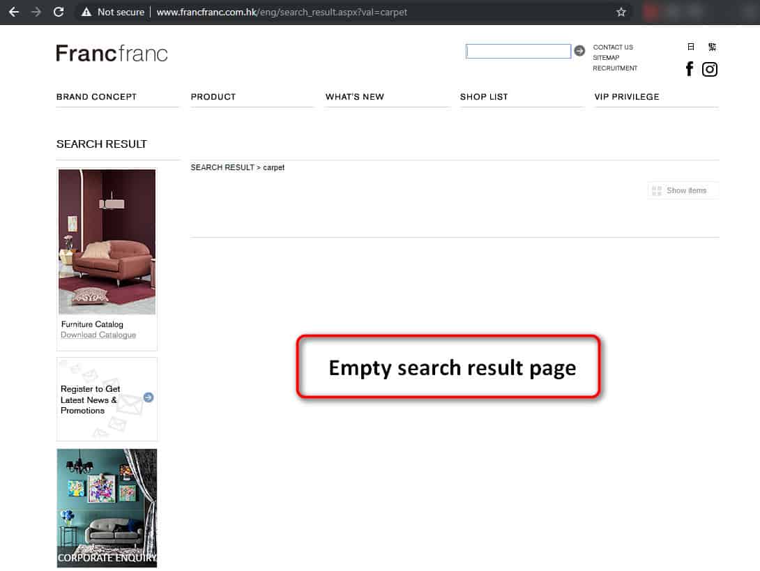 Empty search result page on francfranc.com.hk