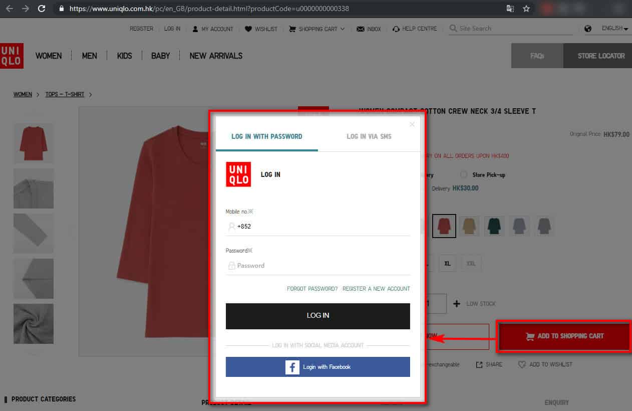 The sign in/sign up pop on uniqlo.com.hk