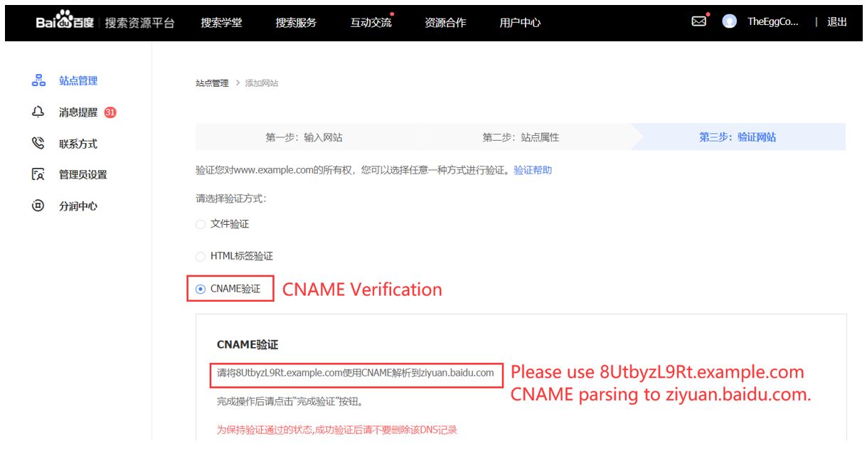 14. Baidu Webmaster Tools - Verifying your site via CNAME