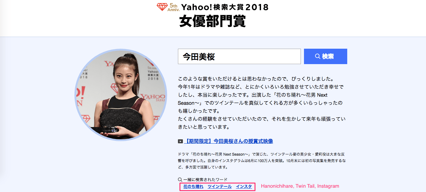 Yahoo Japan Search Awards 2018: Imada Mio