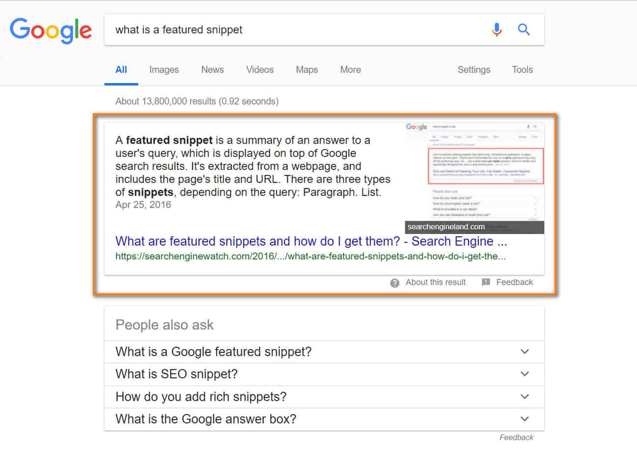 A featured snippet on the SERP for the query 'what is a featured snippet'