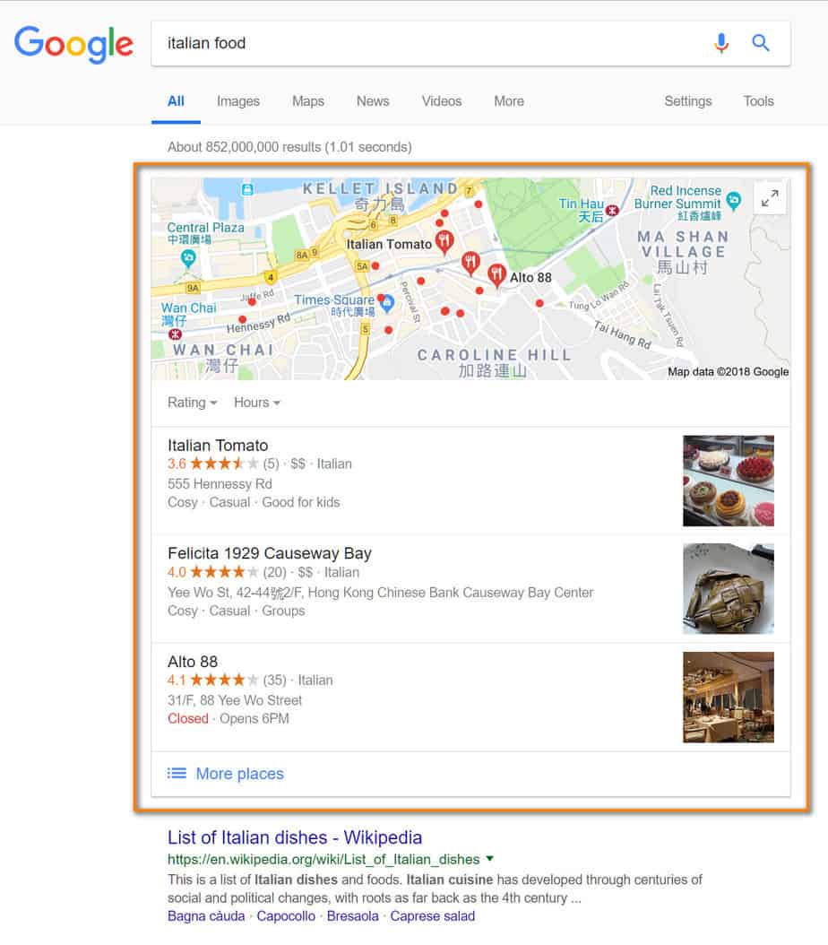 A local pack on the SERP for the query 'Italian food' in Google Hong Kong