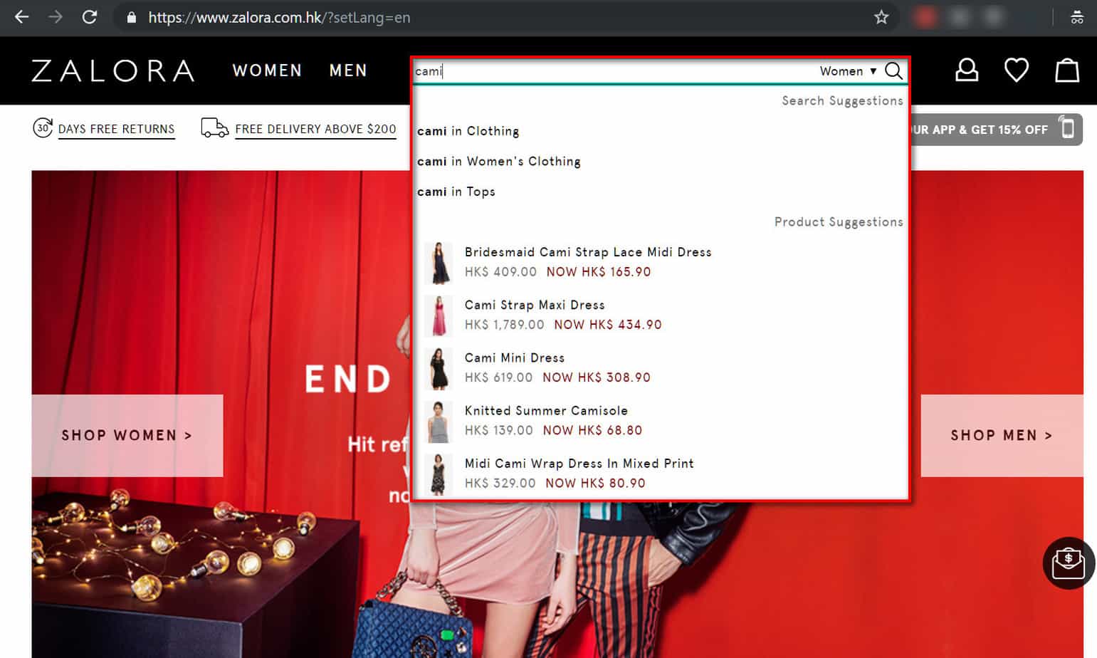 The site search on zalora.com.hk, with auto suggestions and images