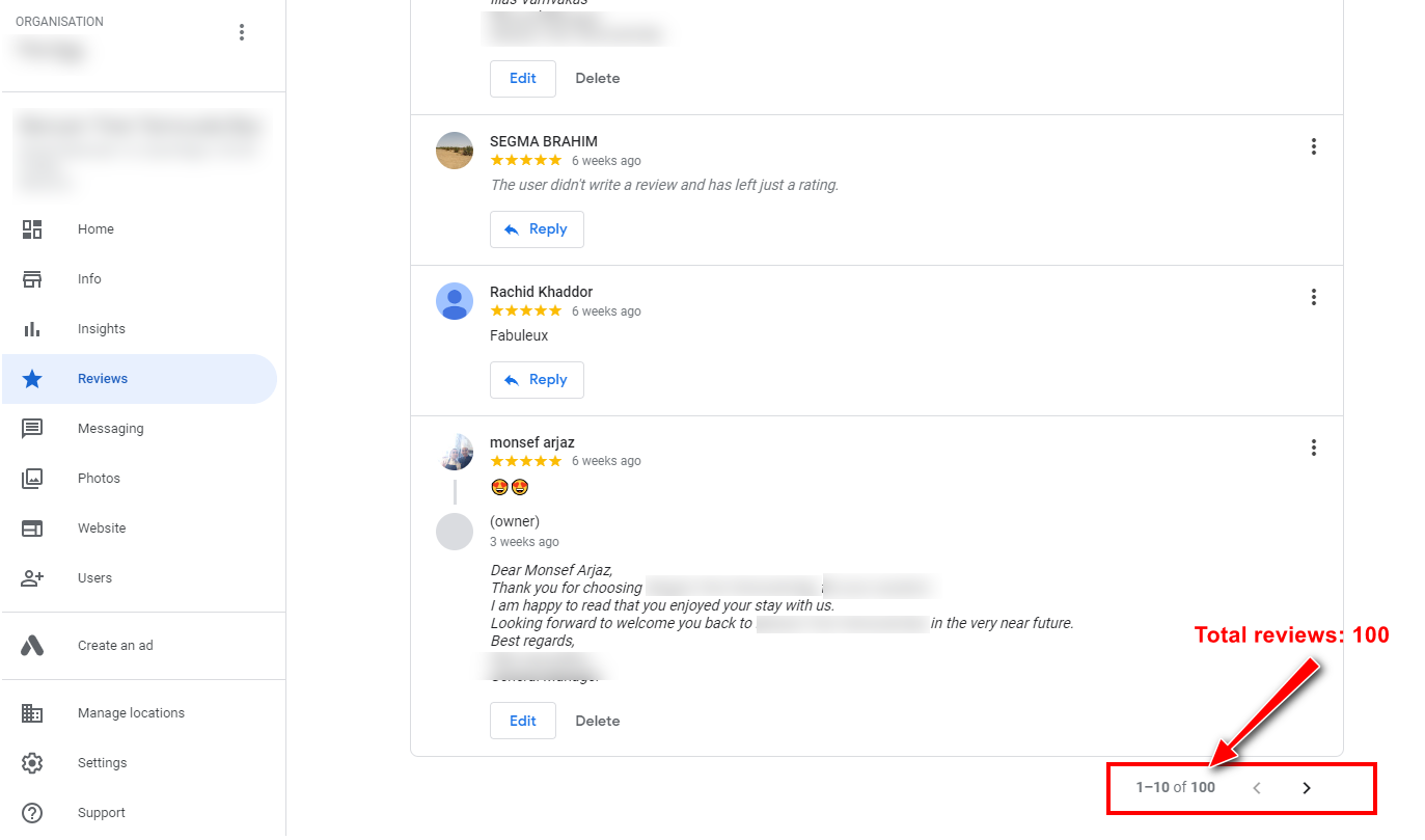 Total Reviews in Google My Business Dashboard