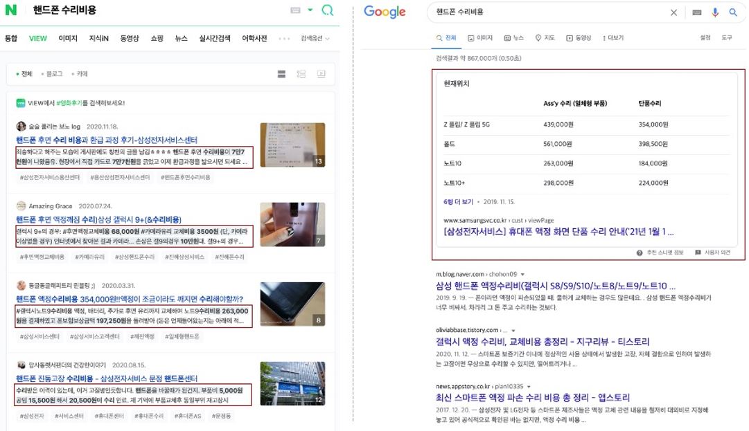 4. Featured snippets (Naver vs Google) when searching “smartphone repair costs”