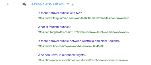 3. Dragon Metrics - ‘People Also Ask’ section on the “Travel Bubble” SERP