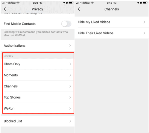 5. Privacy options now available for WeChat properties—Channels, Top Stories, and WeRun