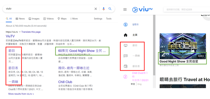 5. ViuTV’s sitelink titles (left) match the anchor and alt text on their homepage (right)