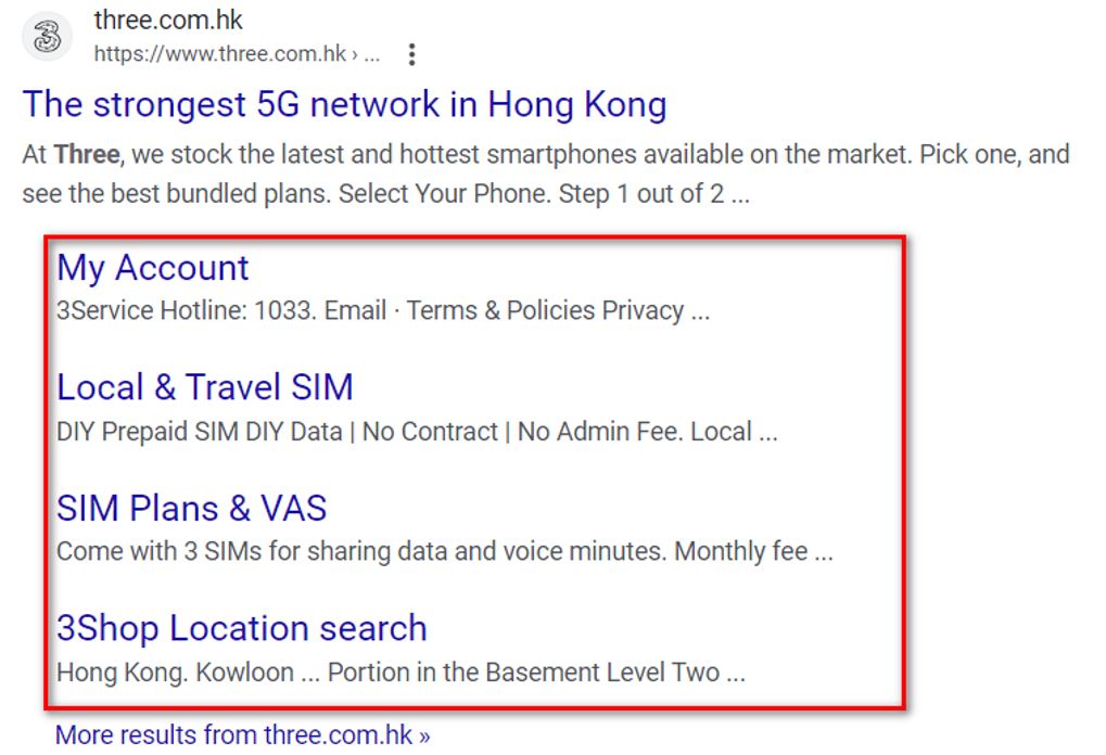 Full sitelinks of Three Hong Kong’s website