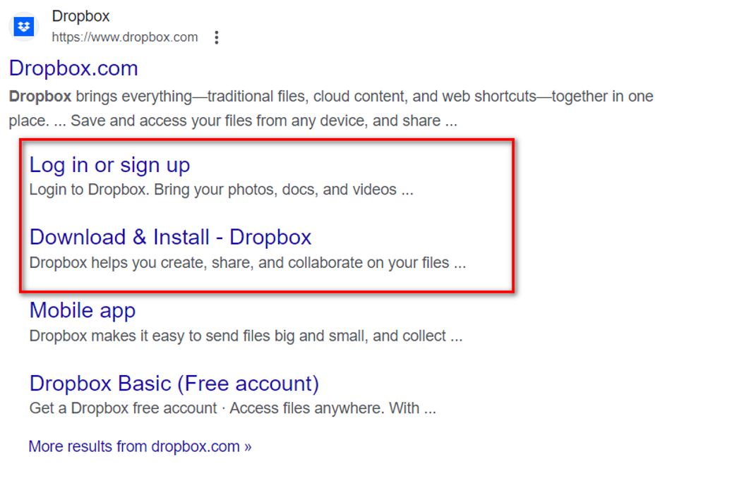 The Log in and Download & Install pages are chosen as sitelinks for the brand term search for Dropbox