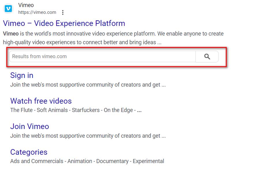 The search box within the sitelinked snippet for Vimeo helps improve CTR and user experience