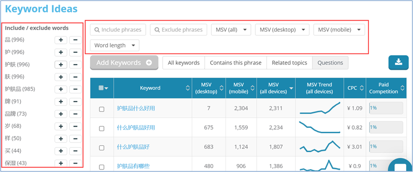 10. Dragon Metrics - Keyword search filters