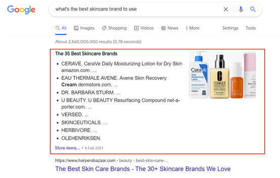 5. Google Search - featured snippet for What’s the best skincare brand to use