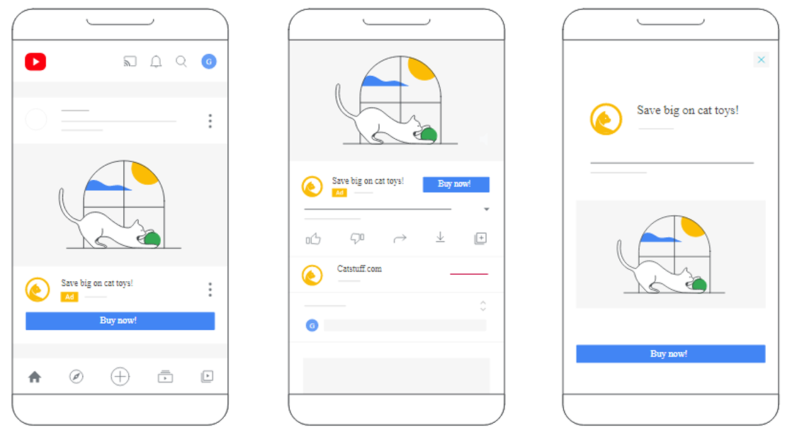 1. Video Action Campaigns - Ad Headlines on YouTube’s home feed (left), watch page (middle), and Google Video Partners