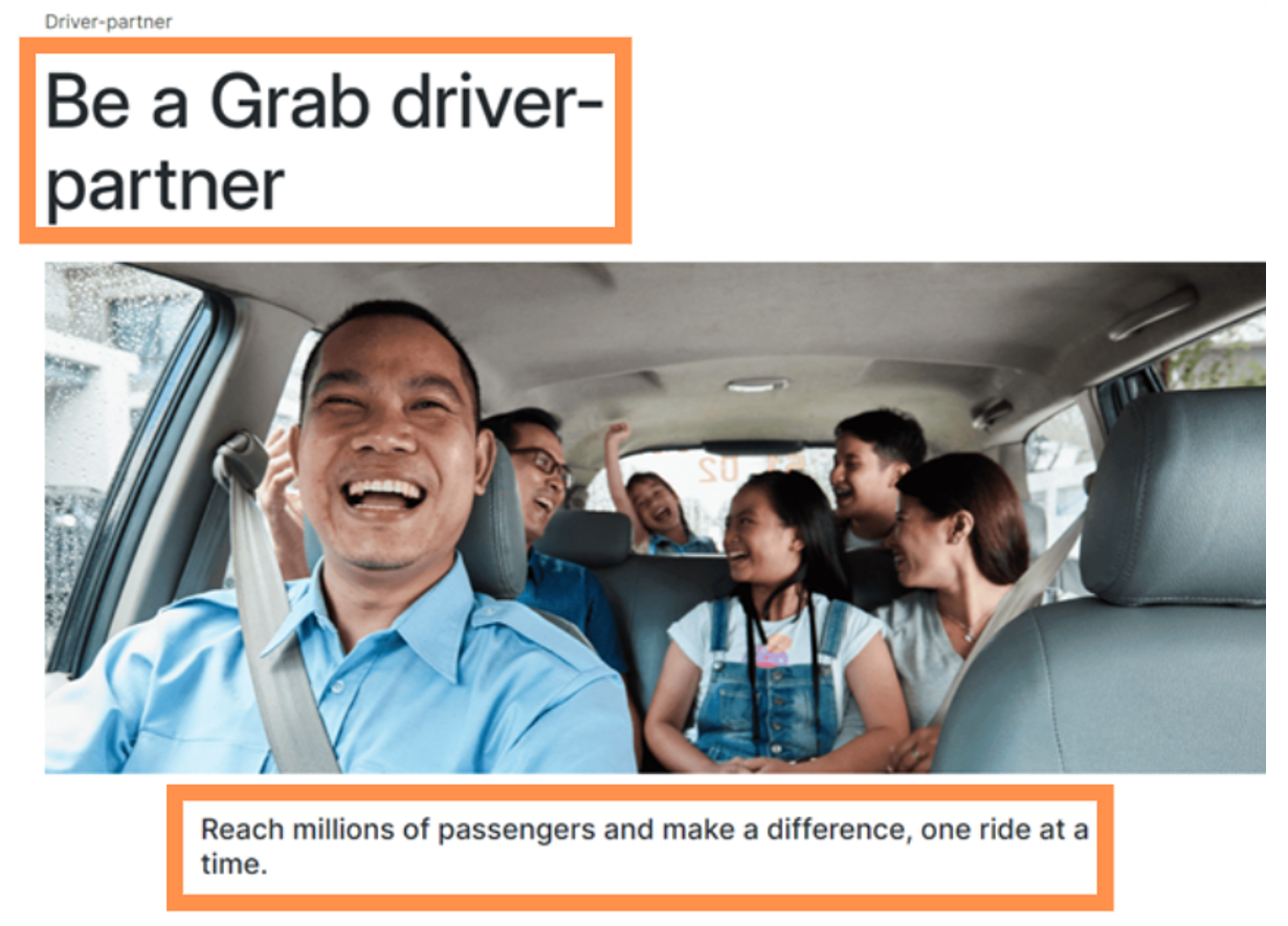 3. Grab’s driver-partner landing page - Main and secondary headlines