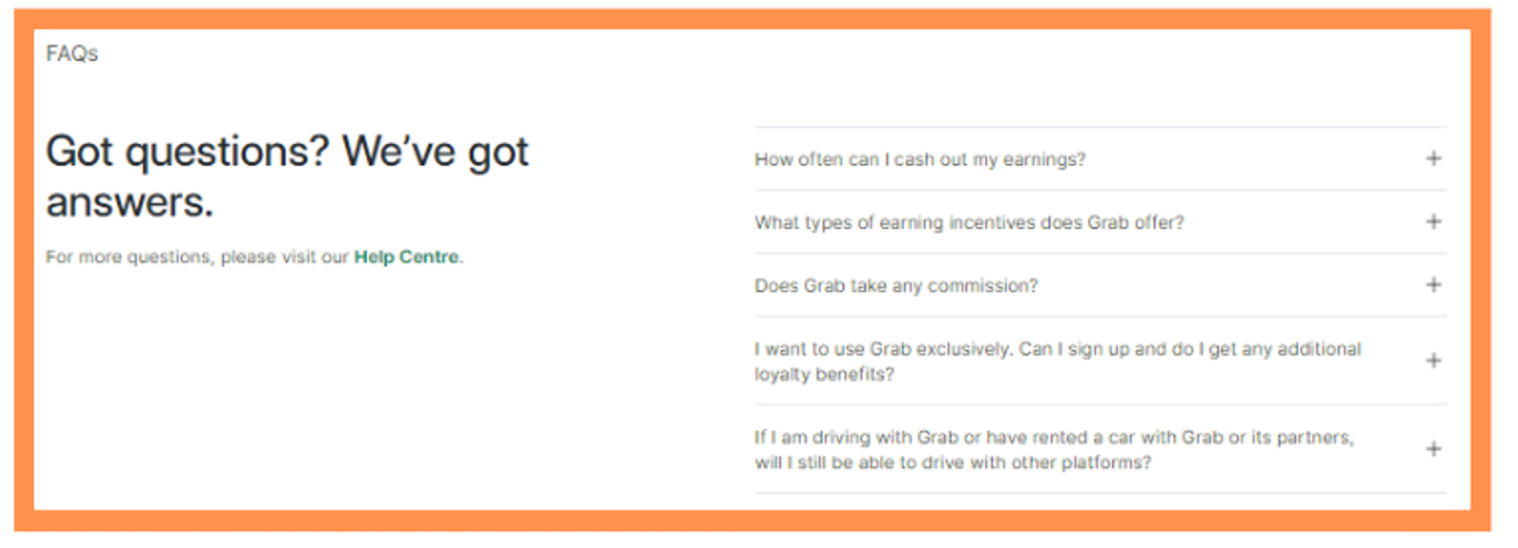 9. Grab’s driver-partner landing page - FAQ section