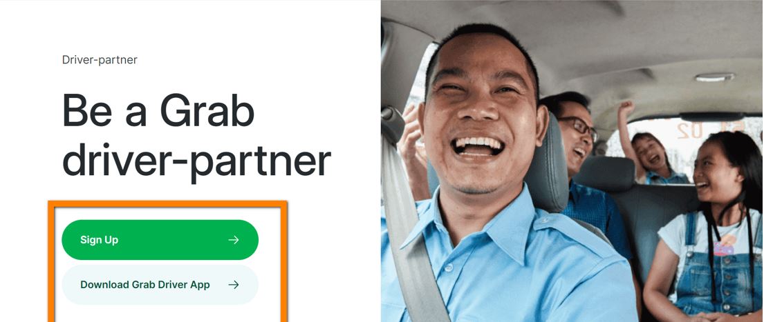 Grab’s driver-partner landing page: Example of CTA buttons