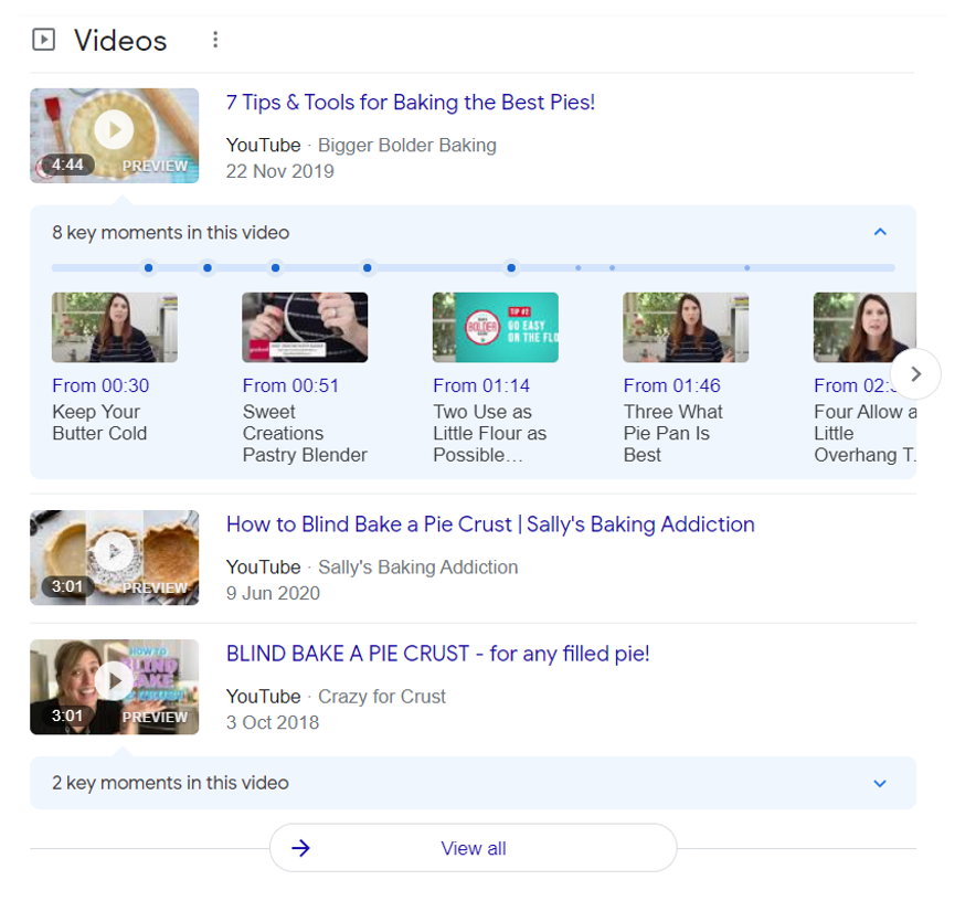 4. Google SERP - Video results for the search term “bake a pie”
