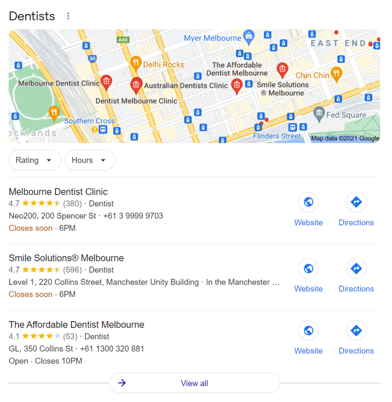 5. Google SERP - Local packs and local teaser packs for the search term “dentists in Melbourne”