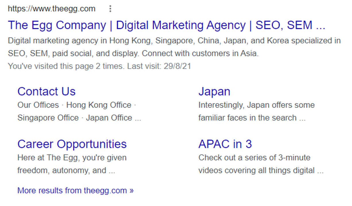 8. Google SERP - sitelinks for The Egg Company’s SERP result