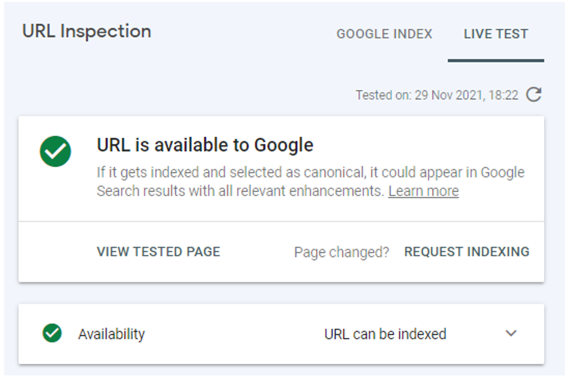 Google’s URL inspection tool verifying that a URL is indexable