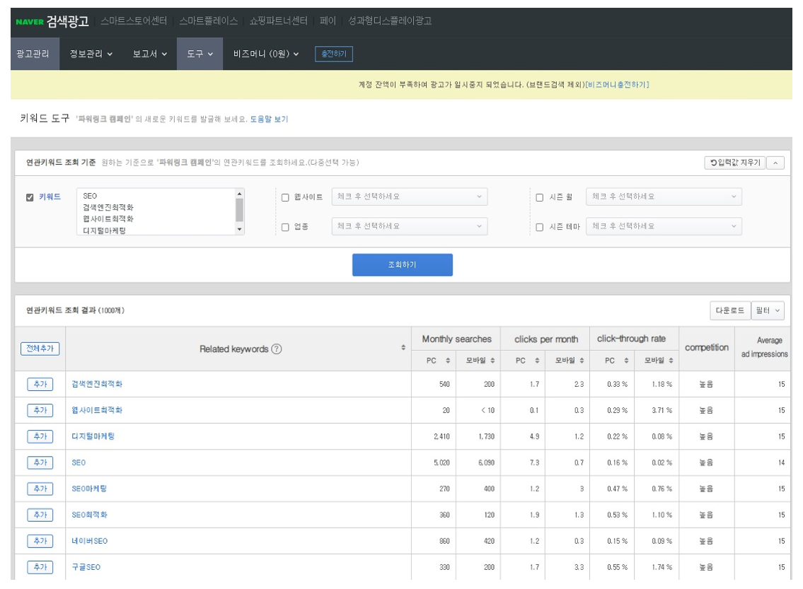 9. Naver Keyword Planner interface