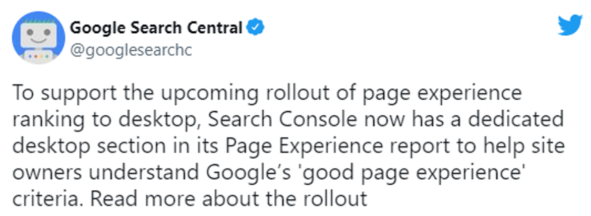 6. Google’s Twitter announcement of its desktop section in its Page Experience report