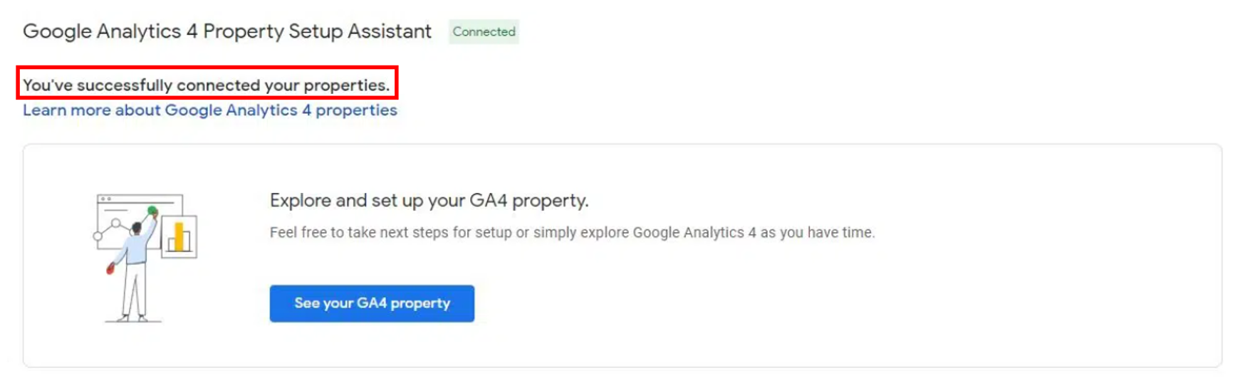 14. GA4 Property Setup Assistant indicating that you’ve successfully connected your properties