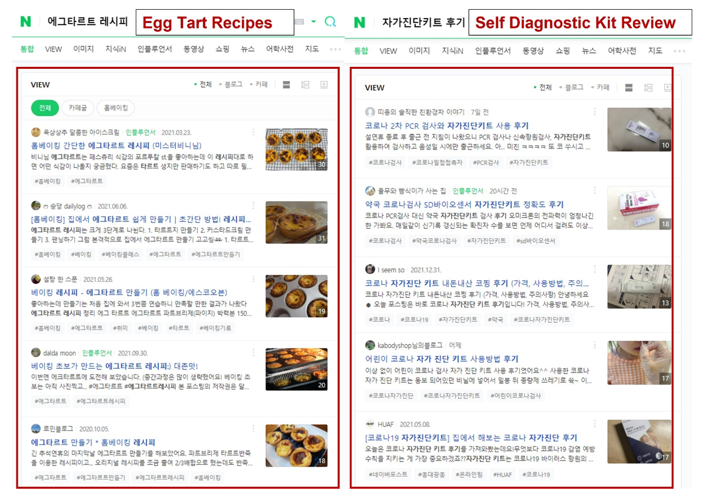 4. Naver VIEW sections for search terms “egg tart recipes” (left) and “self-diagnostic kit review” (right)
