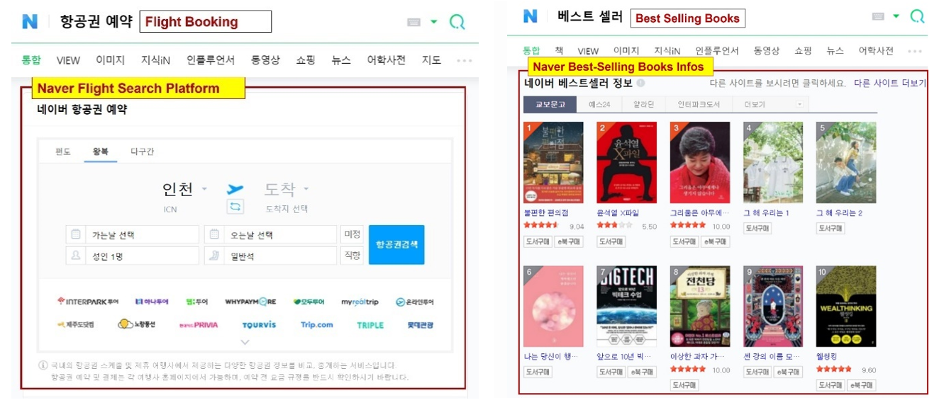 Searching “flight booking” and “best-selling books” on Naver will spawn a featured snippet from Naver Flight and Naver Books, respectively