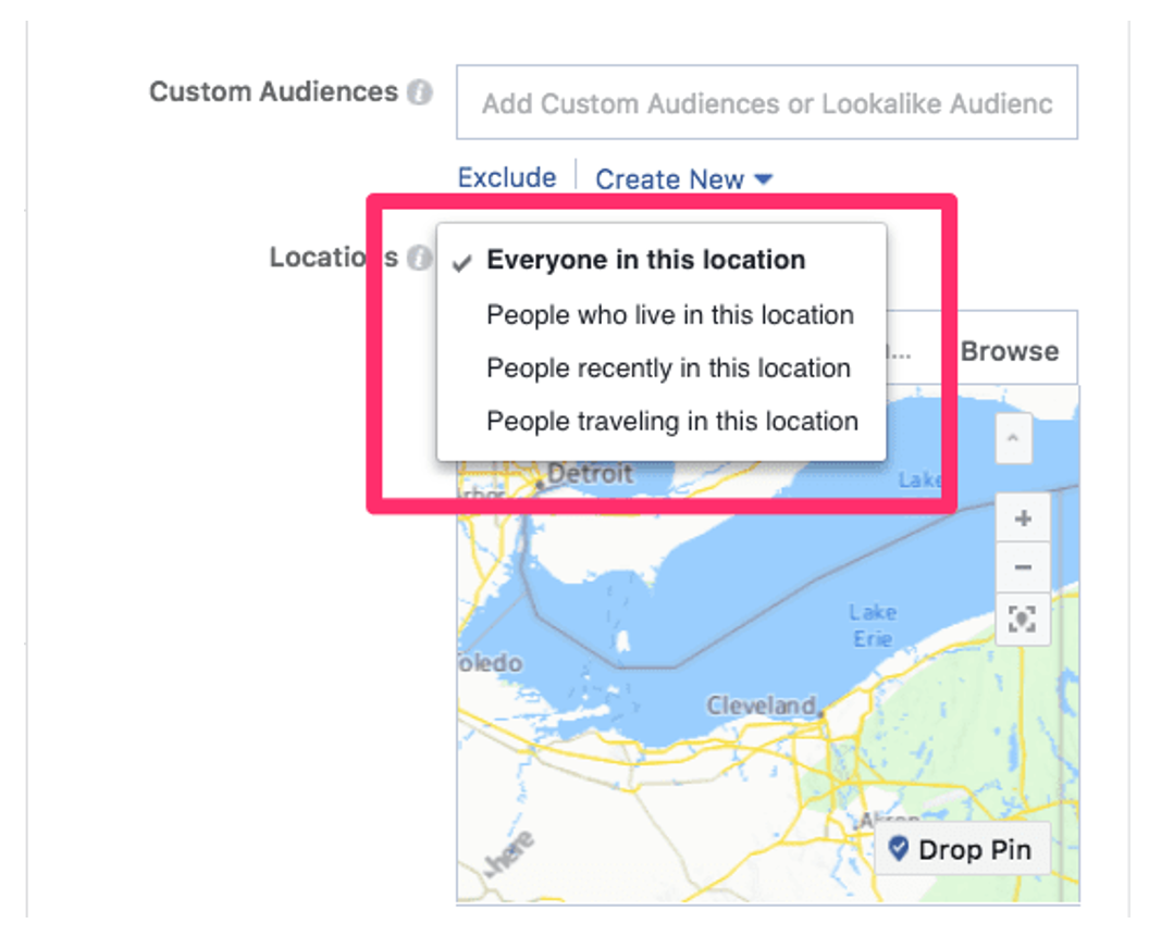 4. Additional filters to specify who you want to target with Facebook’s location targeting