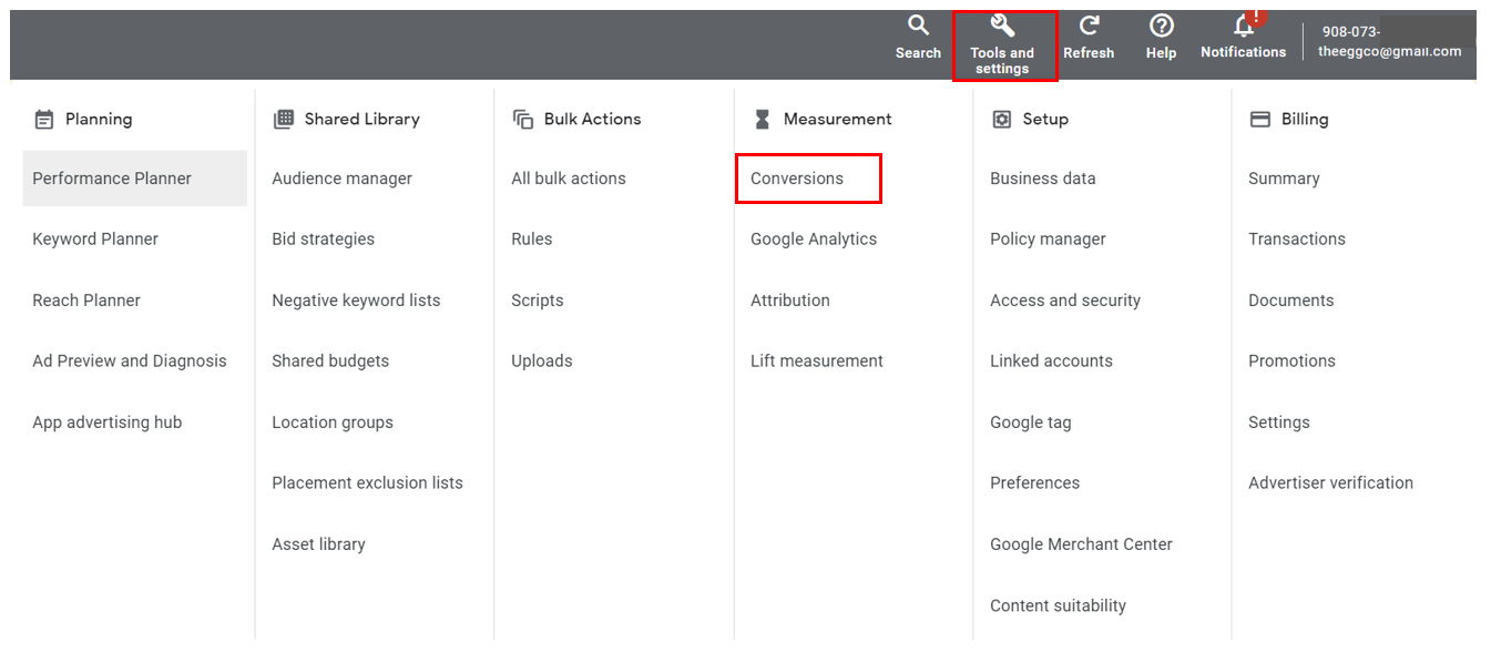 7. Google Ads - Import goals under Tools Measurement Conversions