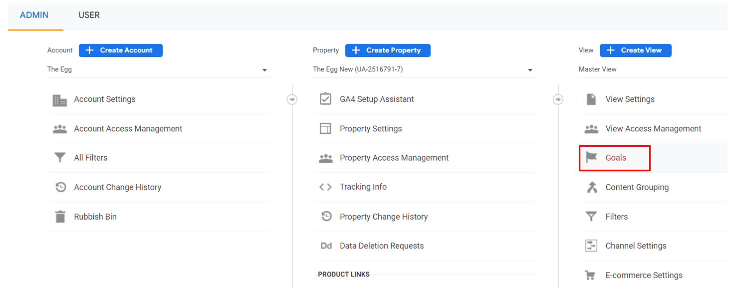 GA4 - Click on “Goals” to begin setting goals for your chosen property