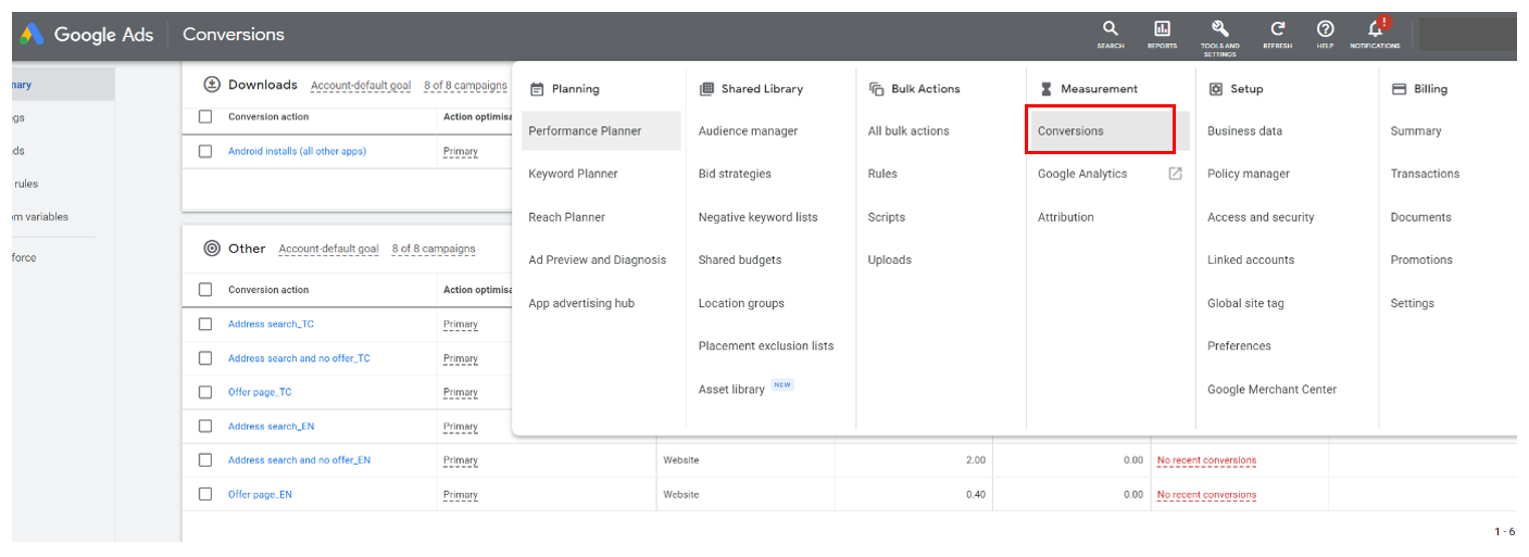 Google Ads - Import goals under Tools, Measurement, Conversions