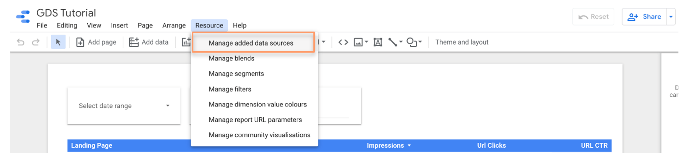 4. Select “Manage added data sources” to view your data source’s dimensions, metrics, and parameters