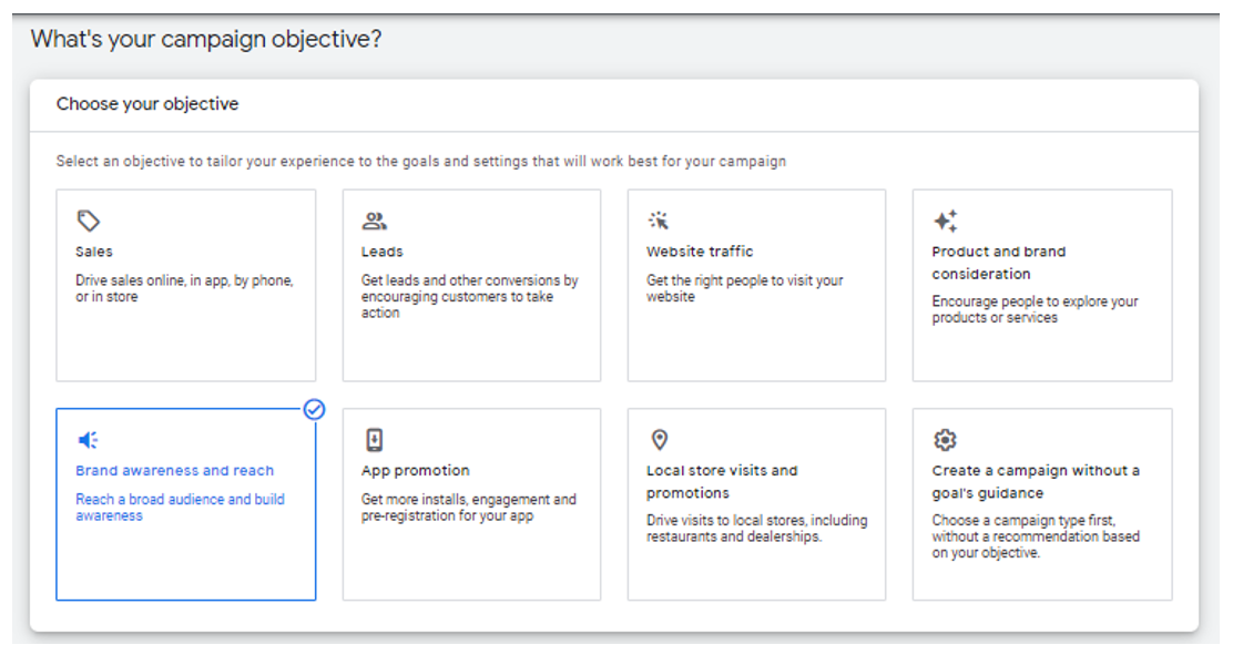 3. Choose ‘Brand awareness and reach’ as your campaign objective