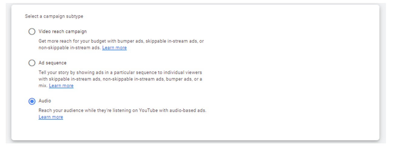 5. Select ‘Audio’ as your campaign subtype