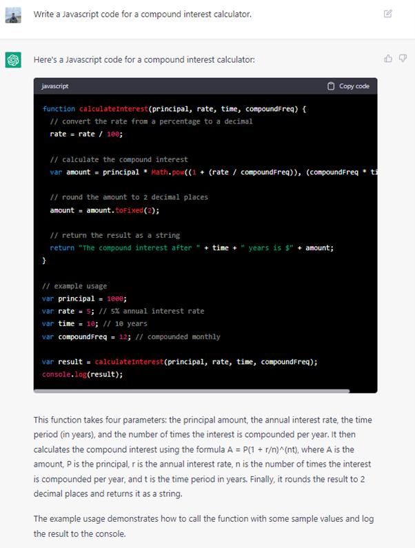 1. Prompting ChatGPT to write Javascript code