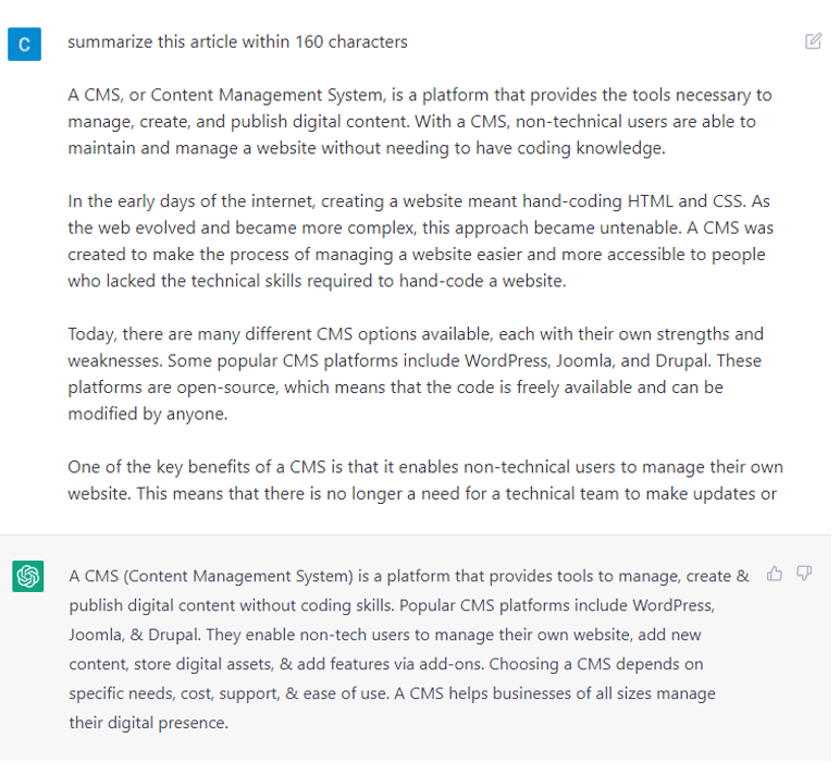 2. Prompting ChatGPT to summarize an article within 160 characters