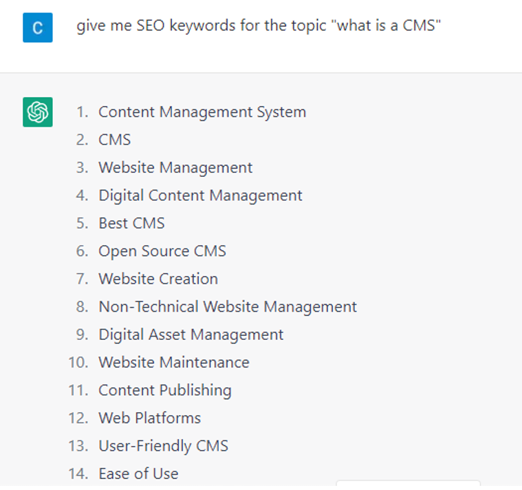 4. Prompting ChatGPT to generate keywords and phrases related to “What is a CMS”