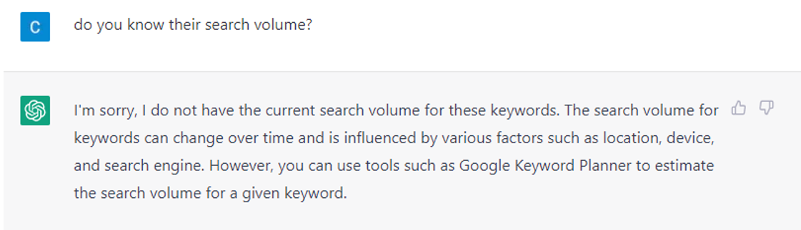 5. ChatGPT’s intuitive response to a user’s follow-up request about search volumes for keywords related to “What is a CMS”