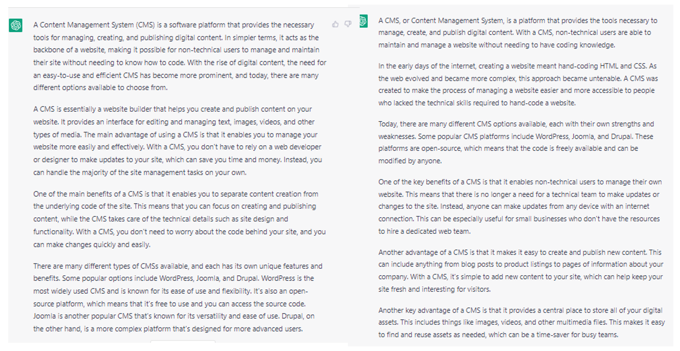 7. A comparison of two ChatGPT-generated articles from the same prompt (“What is a CMS”) that were similar in structure, just with different words