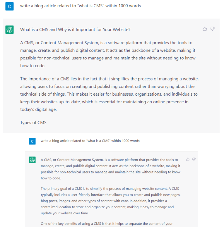 Prompting ChatGPT to write an article about “What is a CMS”