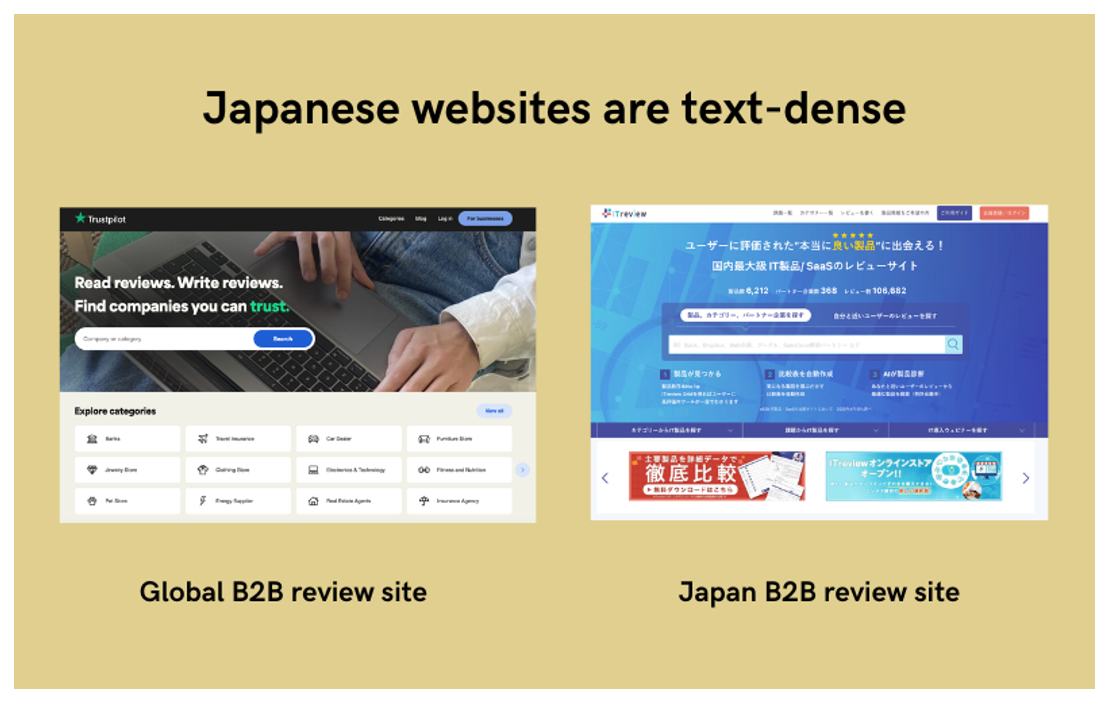 1. Japanese websites tend to comprise more text-heavy information