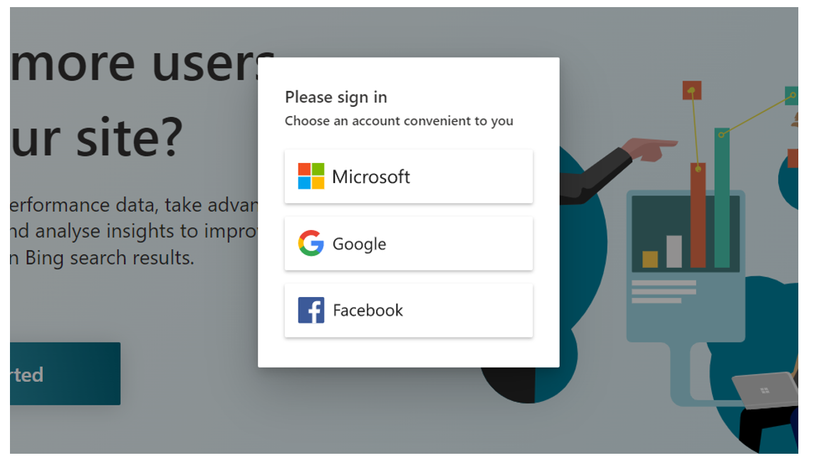 1. Sign up to Bing Webmaster Tools with an existing Microsoft, Google, or Facebook account