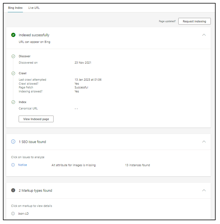 10. Bing Webmaster Tools - URL Inspection details for a webpage