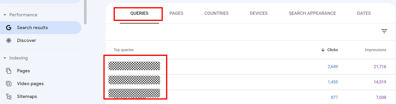 2. Click the Queries tab to view your top-performing keywords based on clicks