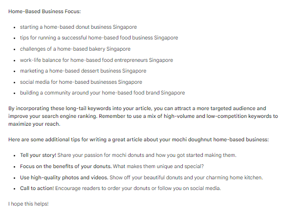 Part two of Google’s Bard’s response to a query for long tail keywords for a mochi doughnut home based business article.