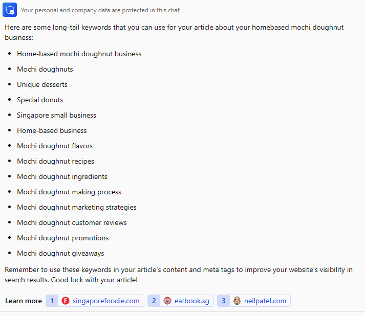 Bing Chat’s response to a query for long tail keywords for a mochi doughnut home based business article.